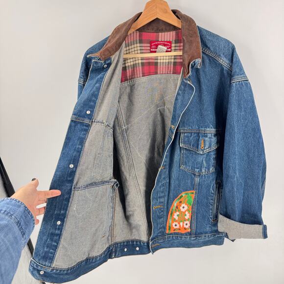 Vintage Marlboro Country Store Denim Jacket L Leather Collar Upcycled Embroidery - Picture 6 of 13